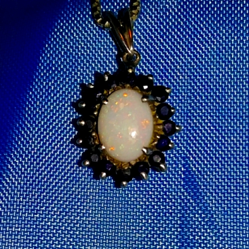 Platinum Over Stamped. 925 Genuine  Opal & Sapphires Necklace Stunning